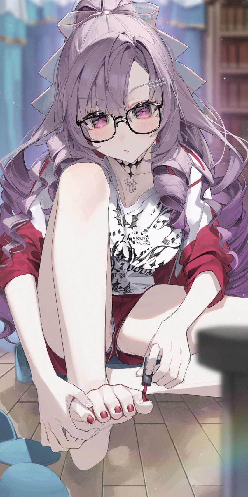 1girl :o absurdres applying_pedicure barefoot black-framed_eyewear blush bow breast_press breasts chest_tattoo drill_hair feet g5_(g5_gugu) glasses grey_panties hair_bow hair_ornament hairclip highres hyakumantenbara_salome hyakumantenbara_salome_(casual) indoors jacket large_breasts long_hair long_sleeves nail_polish nijisanji no_pupils official_alternate_costume on_floor painting_nails painting_toenails panties pantyshot parted_bangs pink_bow ponytail print_shirt purple_eyes purple_hair red_jacket red_nails red_shorts red_track_suit scorpion_tattoo shirt short_shorts shorts sitting sleeves_pushed_up slippers solo tattoo toenail_polish toenails track_jacket track_suit transparent_bow underwear very_long_hair virtual_youtuber white_shirt