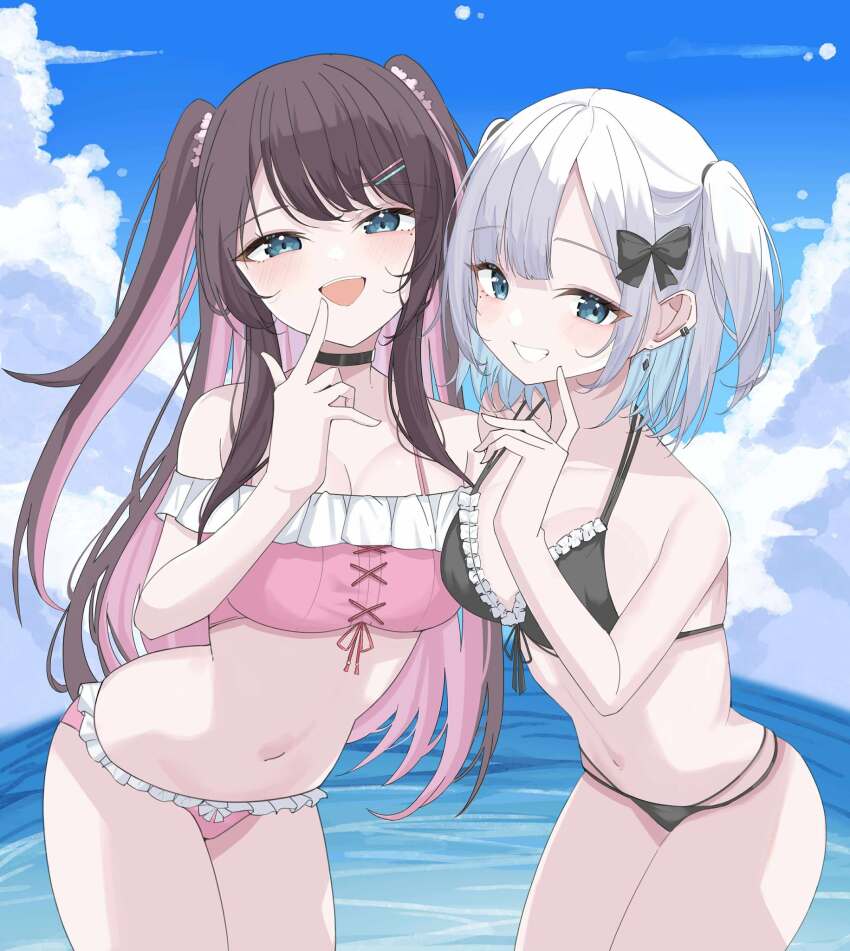 2girls bikini black_bikini black_bow blue_eyes blue_sky bow breasts brown_hair cleavage cloud colored_inner_hair commentary_request day dreamoon frilled_bikini frills hair_bow highres kaga_nazuna kaga_sumire long_hair looking_at_viewer medium_breasts multicolored_hair multiple_girls navel ocean open_mouth pink_bikini pink_hair sky standing swimsuit thighs two-tone_hair two_side_up virtual_youtuber vspo! white_hair