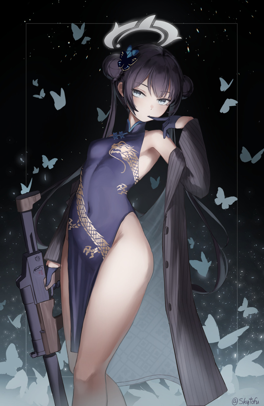 1girl absurdres black_gloves black_hair blue_archive blue_dress breasts bug bun_with_braided_base butterfly butterfly_hair_ornament china_dress chinese_clothes coat commentary_request covered_navel cs/ls06 double-parted_bangs double_bun dragon_print dress glove_in_mouth gloves grey_coat grey_eyes grey_halo gun hair_bun hair_ornament half_gloves halo halter_dress halterneck hand_up highres holding holding_gun holding_weapon insect kisaki_(blue_archive) long_hair looking_at_viewer mouth_hold off_shoulder pelvic_curtain pinstripe_coat print_dress skytofu sleeveless sleeveless_dress small_breasts solo twintails weapon