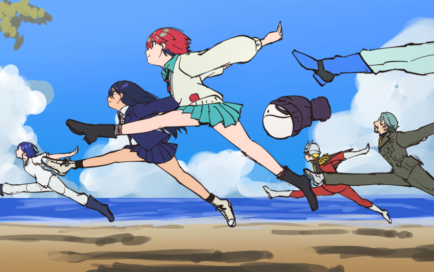 2girls 3boys amate_yuzuriha beanie black_boots black_hair black_hat blue_boots blue_hair blue_jacket blue_pants blue_shirt blue_skirt blue_sky boots bow challia_bull char_aznable character_request cloud collared_shirt commentary_request day diagonal-striped_clothes diagonal-striped_necktie engiyoshi gloves grey_bow grey_gloves grey_helmet grey_jacket grey_pants grey_socks grey_sweater gundam gundam_gquuuuuux haro hat helmet highres horizon jacket jumping long_hair long_sleeves multiple_boys multiple_girls necktie nyaan_(gundam_gquuuuuux) ocean open_clothes open_jacket outdoors pants puffy_long_sleeves puffy_sleeves red_hair red_jacket red_pants robot shirt shuji_ito skirt sky socks striped_clothes sweater very_long_hair water white_pants white_shirt