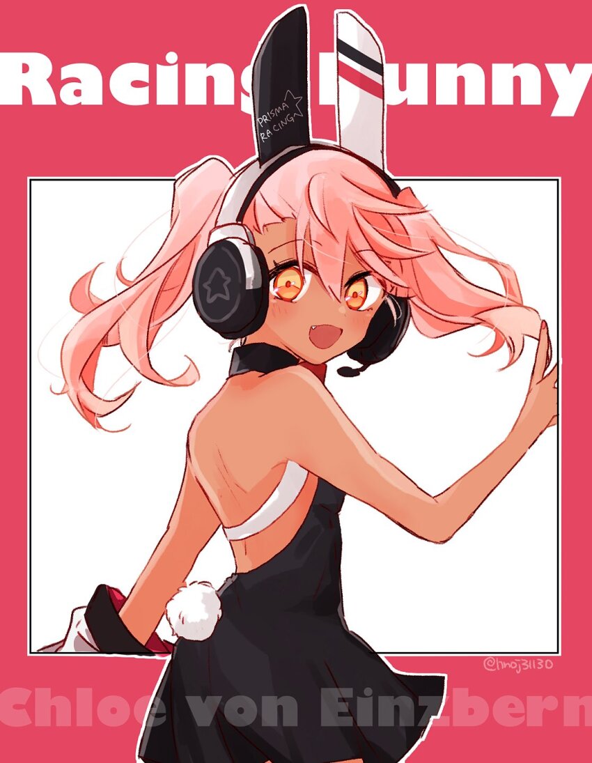 animal_ear_headphones animal_ears backless_dress backless_outfit bare_shoulders character_name chloe_von_einzbern commentary_request cowboy_shot dark-skinned_female dark_skin dress english_text fake_animal_ears fang fate/kaleid_liner_prisma_illya fate_(series) halterneck hand_up headphones highres looking_at_viewer looking_back pink_hair pink_nails rabbit_ears rabbit_tail saihara simple_background tail twintails twitter_username yellow_eyes