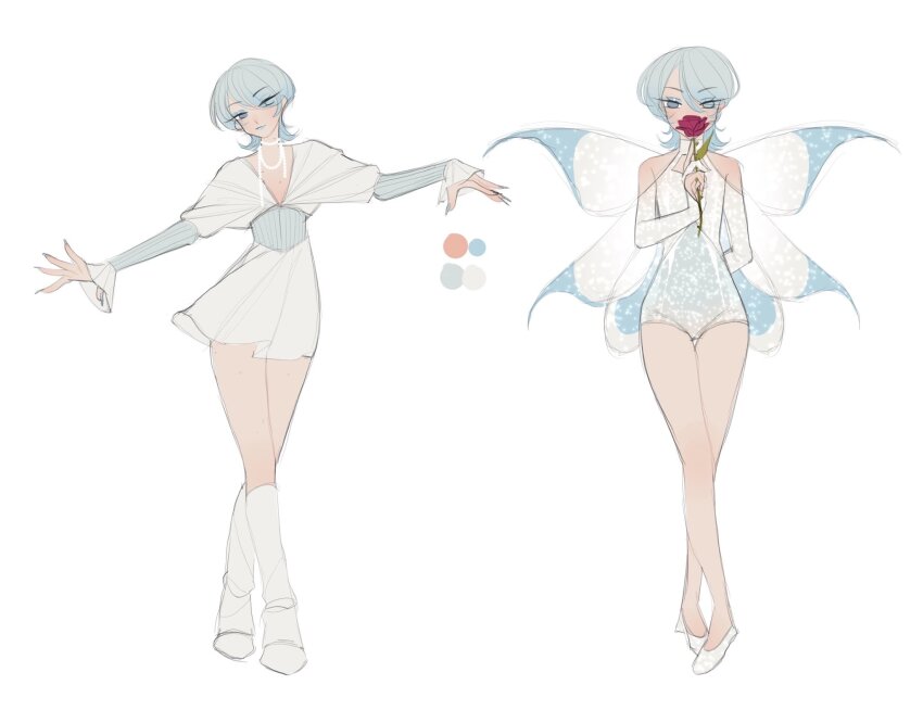 1girl arm_behind_back bare_legs bare_shoulders blue_eyes blue_eyeshadow blue_hair blue_lips blue_nails blue_shirt boots closed_mouth clothing_cutout color_guide crossed_legs eyelashes eyes_visible_through_hair eyeshadow fairy fairy_wings fingernails flats flower flower_to_mouth frilled_sleeves frills full_body glitter gradient_hair grey_hair hair_over_one_eye heattech_leotard highres holding holding_flower jewelry knee_boots leotard lipstick long_sleeves looking_at_viewer magical_girl makeup medium_hair miniskirt multicolored_hair nail_polish necklace original outstretched_arms pleated_skirt red_ribbon reference_sheet ribbon sharp_fingernails shawl shirt shoes shoulder_cutout simple_background skirt sleeved_leotard sleeves_past_wrists smile striped_clothes striped_shirt turtleneck two-tone_hair variations vertical-striped_clothes vertical-striped_shirt white_background white_boots white_leotard white_shawl white_shoes white_skirt white_wings wikate wings winx_club