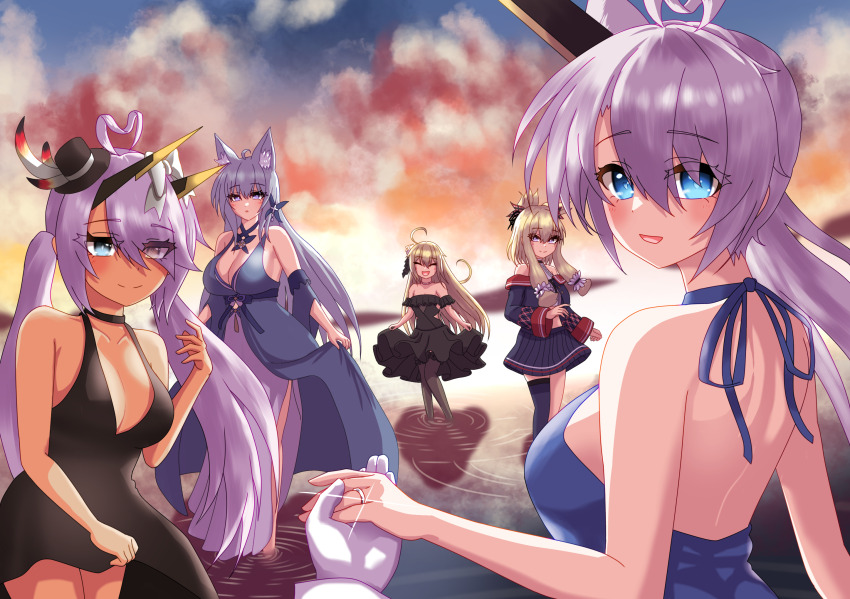1other 5girls ahoge albacore_(azur_lane) albacore_(beneath_the_black_dress)_(azur_lane) animal_ears azur_lane back black_dress black_hat blonde_hair blue_dress blue_eyes blush breasts cleavage closed_mouth cloud commander_(azur_lane) commentary_request dark-skinned_female dark_skin dress feet_out_of_frame fox_ears fox_girl glint grey_dress hair_between_eyes hat heart heart_ahoge heterochromia highres horns indianapolis_(azur_lane) indianapolis_(the_light_of_circle_city)_(azur_lane) jewelry koufuku_no_yorozuya large_breasts long_bangs long_hair looking_at_viewer mechanical_horns medium_breasts mini_hat mini_top_hat multiple_girls open_mouth orange_sky outdoors portland_(azur_lane) pov pov_hands purple_hair ring ripples shinano_(azur_lane) shinano_(dreams_of_the_hazy_moon)_(azur_lane) sky smile top_hat twintails upper_body very_long_hair warspite_(azur_lane) warspite_(under_pleasure)_(azur_lane) water yellow_eyes