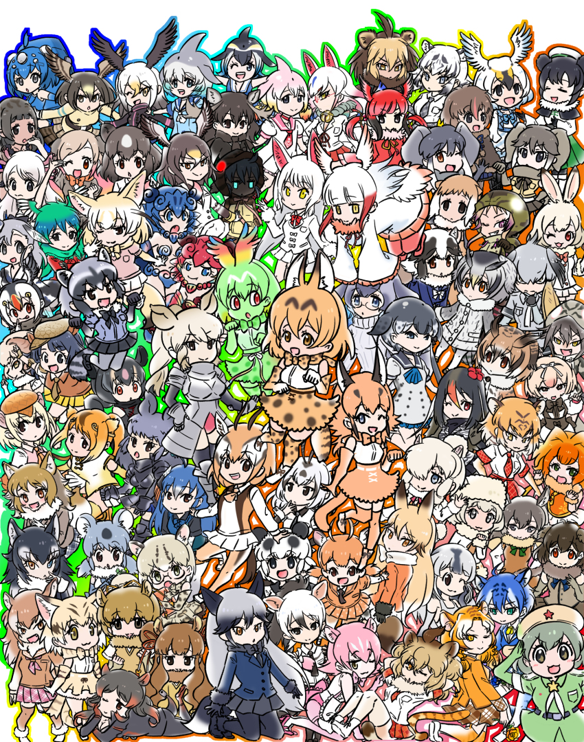 6+girls aardwolf_(kemono_friends) african_elephant_(kemono_friends) african_forest_elephant_(kemono_friends) african_rock_python_(kemono_friends) alpaca_ears alpaca_huacaya_(kemono_friends) alpaca_suri_(kemono_friends) animal_ear_fluff animal_ears animal_print antlers apron arabian_oryx_(kemono_friends) armadillo_ears armor armored_boots armored_dress arms_behind_head atlantic_puffin_(kemono_friends) aye-aye_(kemono_friends) bactrian_camel_(kemono_friends) bald_eagle_(kemono_friends) barbary_lion_(kemono_friends) bearded_seal_(kemono_friends) beige_headwear beige_legwear beige_shirt bell belt belt_buckle bird_girl black_eyes black_footwear black_gloves black_hair black_legwear black_necktie black_rhinoceros_(kemono_friends) black_sailor_collar black_skirt black_wings blonde_hair blowhole blue_bow blue_eyes blue_hair blue_jacket blue_sailor_collar blue_skirt blue_whale_(kemono_friends) blush book boots bow bowtie breast_pocket breasts brown_bear_(kemono_friends) brown_eyes brown_hair brown_necktie brown_scarf buckle caracal_(kemono_friends) caracal_ears cellien_(kemono_friends) cellval chinese_white_dolphin_(kemono_friends) cleavage closed_mouth collared_shirt commentary_request common_bottlenose_dolphin_(kemono_friends) common_dolphin_(kemono_friends) common_raccoon_(kemono_friends) crossed_arms dark-skinned_female dark_skin darwin&#039;s_finch_(kemono_friends) dress dromedary_(kemono_friends) elbow_gloves elephant_ears elephant_girl emu_(kemono_friends) epaulettes eurasian_eagle_owl_(kemono_friends) everyone extra_ears ezo_red_fox_(kemono_friends) fang feathered_wings fennec_(kemono_friends) fingerless_gloves flower footwear_bow fox_ears fox_tail frown fur_trim gazelle_ears gazelle_horns ghost_in_the_shell giant_armadillo_(kemono_friends) giant_panda_(kemono_friends) giant_pangolin_(kemono_friends) glasses gloves glowing glowing_eyes golden_lion_tamarin_(kemono_friends) golden_snub-nosed_monkey_(kemono_friends) golden_tabby_tiger_(kemono_friends) green_bow green_eyes green_hair grey_gloves grey_hair grey_legwear grey_shirt grey_wolf_(kemono_friends) guanaco_(kemono_friends) hair_between_eyes hair_bow hair_flower hair_ornament hair_over_one_eye hair_tie hand_on_own_chin hands_in_pockets hat hat_ornament head_wings heterochromia high_heels highres hippopotamus_(kemono_friends) hippopotamus_ears holding holding_book holding_stick hood hoodie horns indri_(kemono_friends) italian_wolf_(kemono_friends) jacket japanese_crested_ibis_(kemono_friends) japanese_giant_salamander_(kemono_friends) japanese_otter_(kemono_friends) japanese_wolf_(kemono_friends) jinmen-gyo_(kemono_friends) kemono_friends keroro keroro_gunsou kneeling koala_(kemono_friends) kyuubi_(kemono_friends) light_brown_hair lion_(kemono_friends) lion_ears lion_tail lying maltese_tiger_(kemono_friends) margay_(kemono_friends) mexico_salamander_(kemono_friends) military military_uniform monkey_girl moose_(kemono_friends) moose_antlers moose_ears moose_girl mountain_hare_(kemono_friends) multicolored_hair multiple_girls narwhal_(kemono_friends) necktie north_island_brown_kiwi_(kemono_friends) northern_goshawk_(kemono_friends) northern_white-faced_owl_(kemono_friends) oinari-sama_(kemono_friends) okinawa_habu_(kemono_friends) okinawa_rail_(kemono_friends) on_stomach one_eye_closed open_mouth orange_bow orange_bowtie orange_eyes orange_hair orange_jacket orange_legwear orange_shirt orange_skirt otter_ears otter_girl panda_ears panda_girl pangolin_ears panther_tail partially_translated peach_panther_(kemono_friends) peafowl_(kemono_friends) peregrine_falcon_(kemono_friends) pink_hair pink_shoes pink_vest plaid_clothes plaid_necktie pleated_skirt pocket print_bow print_bowtie print_gloves print_legwear print_skirt purple_eyes rabbit_ears rabbit_girl raccoon_ears raccoon_tail red_eyes red_flower red_hair red_jacket red_legwear red_necktie resplendent_quetzal_(kemono_friends) rhinoceros_ears rhinoceros_girl ribbed_sweater sailor_collar salute sand_cat_(kemono_friends) scarf scarlet_ibis_(kemono_friends) serval_(kemono_friends) sheep_(kemono_friends) sheep_ears sheep_girl sheep_horns shiisaa_lefty shiisaa_right shirt shoebill_(kemono_friends) shoes sika_deer_(kemono_friends) silky_anteater_(kemono_friends) silver_fox_(kemono_friends) simple_background siraitokiko skirt smile spotted_skirt star_(symbol) star_hat_ornament stick striped_tail sweater sweater_vest tachikoma_type-a_(kemono_friends) tail tail_bow tail_ornament tanuki_(kemono_friends) thighhighs thomson&#039;s_gazelle_(kemono_friends) tiger_(kemono_friends) tiger_ears tiger_tail tongue tongue_out translation_request tsuchinoko_(kemono_friends) tundra_swan_(kemono_friends) turtleneck turtleneck_sweater twintails vest white_apron white_background white_bow white_footwear white_hair white_headwear white_rhinoceros_(kemono_friends) white_shirt white_skirt white_sweater white_tiger_(kemono_friends) wings wolf_ears wolf_girl yellow_eyes yellow_skirt