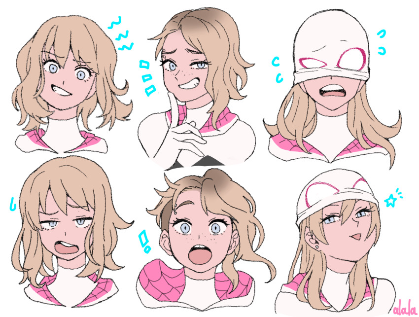 ! 1girl :o asymmetrical_hair blonde_hair blue_eyes brown_hair cropped_shoulders eyebrow_piercing eyelashes face_piercing finger_to_own_chin flat_color flying_sweatdrops freckles gradient_hair grin gwen_stacy highres hood hood_down marvel medium_hair multicolored_hair multiple_expressions multiple_views notice_lines piercing portrait short_hair smile spider-gwen spider-man:_into_the_spider-verse spider-man_(series) spider-verse star_(symbol) sushi_pizza_rrr teeth tongue tongue_out tooth_gap undercut white_mask