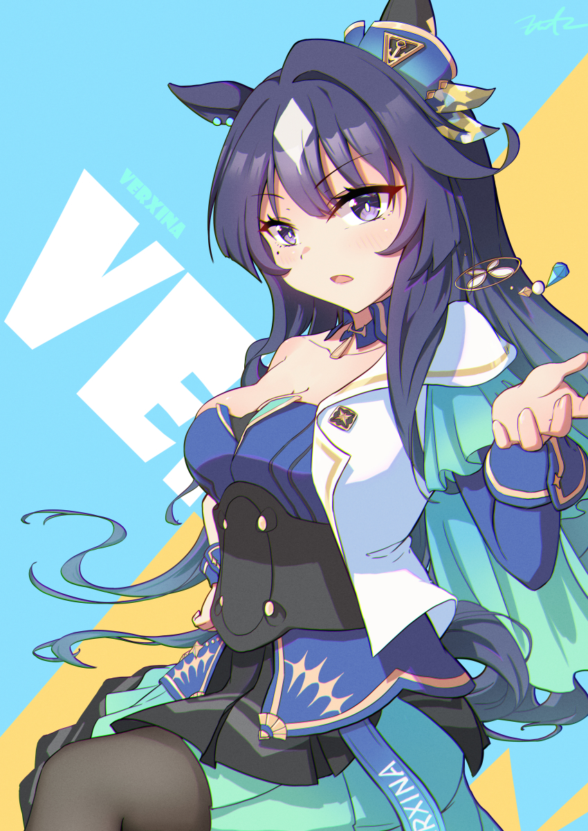 1girl absurdres animal_ears bare_shoulders blue_background blush breasts capelet character_name cleavage commentary ear_covers fritz614 green_capelet hair_between_eyes highres horse_ears horse_girl horse_tail long_hair looking_at_viewer medium_breasts mole mole_under_eye multicolored_hair open_mouth purple_hair signature simple_background single_ear_cover solo streaked_hair tail two-tone_background two-tone_hair umamusume verxina_(umamusume) white_hair yellow_background