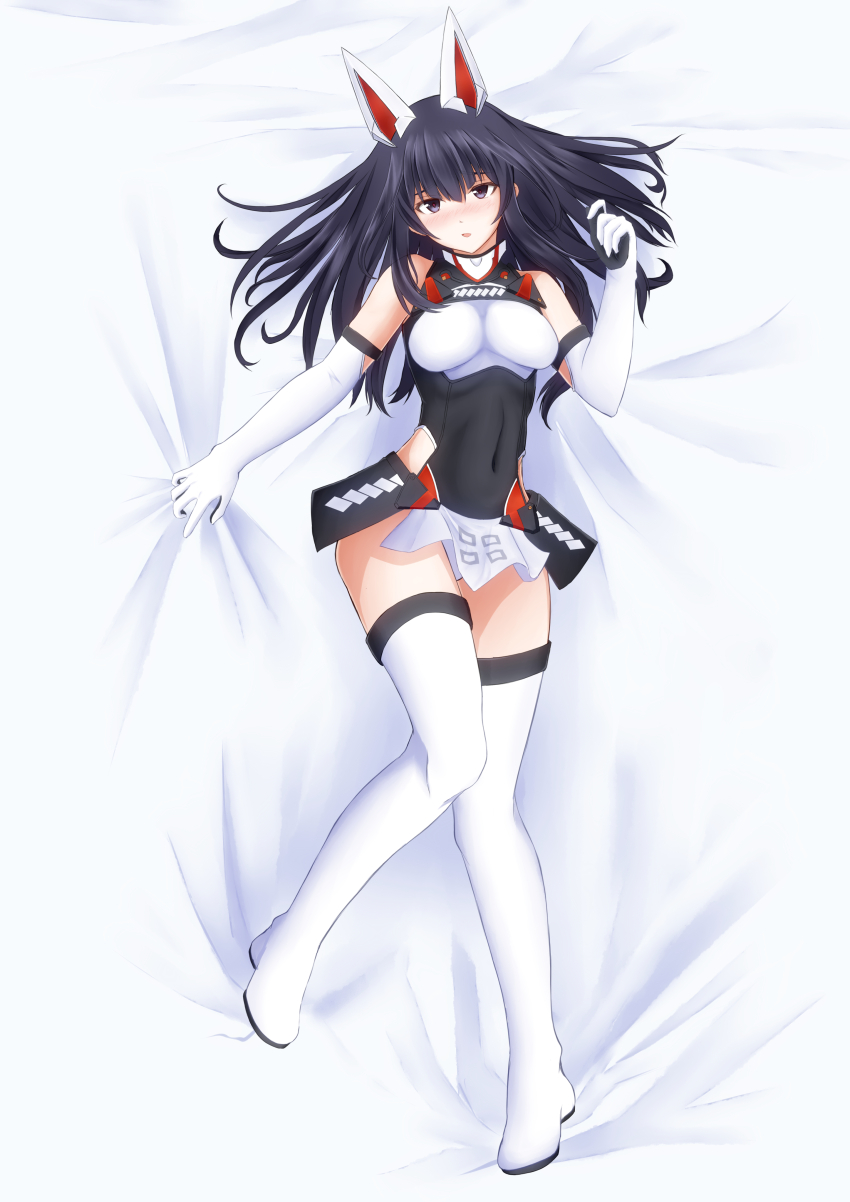 1girl absurdres agatsuma_kaede alice_gear_aegis animal_ears bed_sheet black_eyes black_hair black_leotard blush boots breasts covered_navel dakimakura_(medium) elbow_gloves full_body gloves highres leotard long_hair looking_at_viewer lying mechanical_ears medium_breasts on_back purple_eyes sheet_grab skirt solo thigh_boots thighhighs tubamesaapoo white_gloves