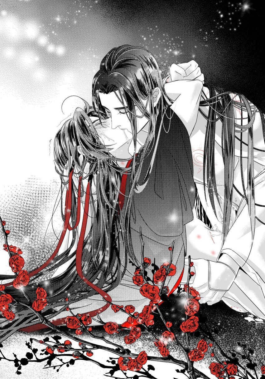 2boys ahoge alternate_hairstyle anal bbbeyonce099 bishounen blush bottomless branch chest_tattoo chinese_clothes closed_eyes clothes_down couple cum cum_in_ass cumdrip flower hair_down hair_ribbon hand_in_another&#039;s_hair hand_on_another&#039;s_back hand_on_another&#039;s_neck hanfu hickey highres holding holding_another&#039;s_hair holding_ribbon hug implied_sex kiss lan_wangji long_hair long_sleeves male_focus modao_zushi monochrome multiple_boys red_flower red_ribbon ribbon robe saliva saliva_trail sex spot_color tattoo topless_male wei_wuxian wei_wuxian_(yiling_laozu) wide_sleeves yaoi