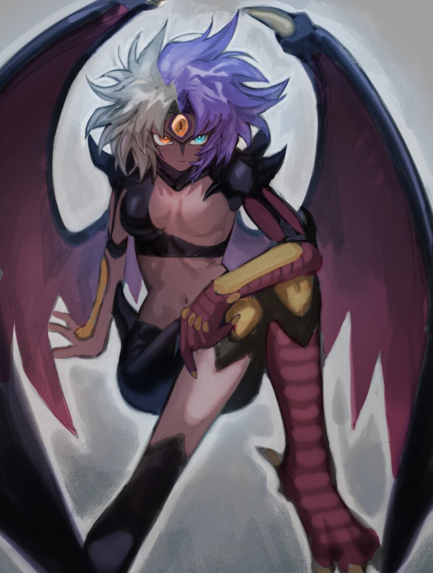 1other absurdres breasts colored_skin demon_wings duel_monster green_eyes grey_background grey_hair highres medium_breasts medium_hair multicolored_hair orange_eyes pectorals purple_hair purple_skin simple_background slit_pupils tawashipurin third_eye two-tone_hair wings yu-gi-oh! yu-gi-oh!_gx yubel