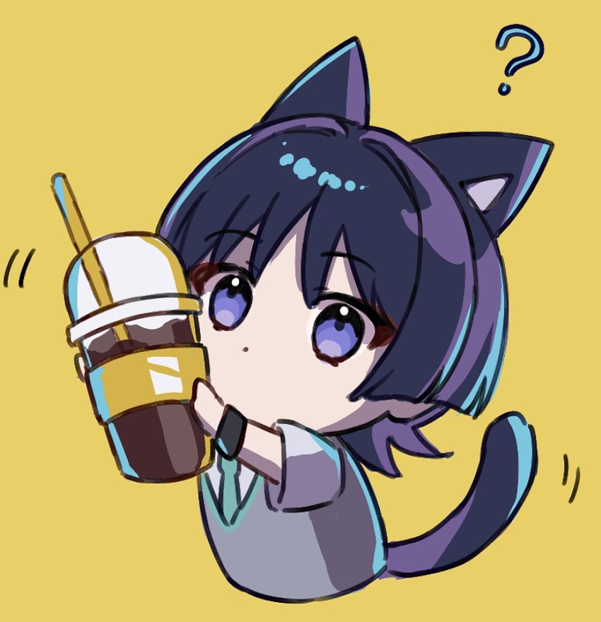 1boy ? alternate_costume animal_ears aqua_necktie blunt_ends casual cat_boy cat_ears cat_tail chibi coffee contemporary cropped_torso cup disposable_cup drinking_straw eyeliner eyeshadow genshin_impact grey_shirt highres holding holding_cup iced_coffee layered_shirt looking_at_object makeup male_focus necktie official_alternate_costume purple_eyes purple_hair red_eyeliner red_eyeshadow scaramouche_(genshin_impact) shirt solo t-shirt tail three_quarter_view tm-pika wanderer_(genshin_impact) wanderer_(mega_mgc_coffee)_(genshin_impact) white_shirt wristband