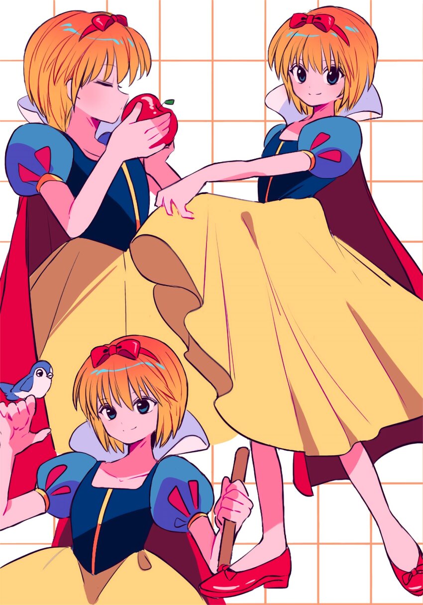 1boy alternate_costume apple bird bird_on_hand blonde_hair blue_bird blue_eyes bob_cut bow broom closed_eyes clothes_lift commentary cosplay crossdressing disney dress dress_lift flats food fruit grid_background hair_bow highres holding holding_broom holding_food holding_fruit hunter_x_hunter kiss kkkkkk_lut44 kurapika male_focus object_kiss puff_and_slash_sleeves puffy_short_sleeves puffy_sleeves red_bow red_footwear short_hair short_sleeves simple_background smile snow_white snow_white_(disney) snow_white_(disney)_(cosplay) standing white_background yellow_dress