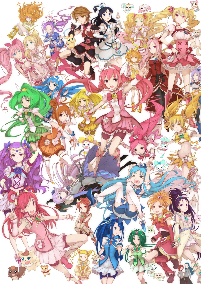 &gt;_&lt; 00s 10s 6+girls ;d absolutely_everyone absurdres akimoto_komachi animal animal_on_head aoki_reika aono_miki armpits arms_up back-to-back belt bike_shorts black_hair black_legwear blonde_hair blue_dress blue_eyes blue_flower blue_hair blue_rose blue_skirt boots bow bowtie braid brooch brown_eyes brown_hair butterfly_hair_ornament candy_(smile_precure!) carrying cat cat_on_head chiffon_(fresh_precure!) choker choppy chypre_(heartcatch_precure!) circlet clenched_hand closed_eyes coco_(precure_5) coco_(yes!_precure_5) coffret_(heartcatch_precure!) cone_hair_bun corset creature cure_aqua cure_beat cure_beauty cure_berry cure_black cure_bloom cure_blossom cure_dream cure_egret cure_flower cure_happy cure_lemonade cure_march cure_marine cure_melody cure_mint cure_moonlight cure_muse cure_muse_(yellow) cure_passion cure_peace cure_peach cure_pine cure_rhythm cure_rouge cure_sunny cure_sunshine cure_white dark_precure double_bun dress drill_hair earrings everyone flappy flower foop fresh_precure! frills futari_wa_precure futari_wa_precure_max_heart futari_wa_precure_splash_star gloves green_dress green_eyes green_hair green_shorts green_skirt hair_bow hair_bun hair_flaps hair_ornament hair_rings hairpin half_updo hanasaki_kaoruko hanasaki_tsubomi hands_on_own_hips heart heart_brooch heartcatch_precure! higashi_setsuna high_ponytail highres hino_akane_(smile_precure!) holding_hands hoshizora_miyuki houjou_hibiki hummy_(suite_precure) hyuuga_saki jewelry kasugano_urara_(yes!_precure_5) kiryuu_kaoru kiryuu_michiru kise_yayoi knee_boots kneeling kujou_hikari kurokawa_eren kurumi_erika leg_warmers locked_arms long_hair lulun magical_girl mepple midorikawa_nao midriff milk_(yes!_precure_5) milky_rose mimino_kurumi minamino_kanade minatsuki_randoseru minazuki_karen mipple mishou_mai misumi_nagisa momozono_love moop multiple_girls myoudouin_itsuki natsuki_rin navel necklace nuts_(yes!_precure_5) on_head one_eye_closed open_mouth orange_bow orange_dress orange_hair orange_skirt pantyhose pink_bow pink_dress pink_eyes pink_hair pink_shorts pink_skirt pointing ponytail porun potpourri_(heartcatch_precure!) precure princess_carry puffy_sleeves purple_eyes purple_hair red_dress red_hair red_skirt ribbon rose seiren_(suite_precure) shiny_luminous shirabe_ako shirt shoes short_hair shorts shorts_under_skirt single_hair_bun skirt smile smile_precure! suite_precure syrup_(precure_5) syrup_(yes!_precure_5) tart_(fresh_precure!) thighhighs thighhighs_under_boots tri_tails tsukikage_yuri twin_drills twintails two_side_up v_arms white_background white_choker white_dress white_legwear white_skirt wide_ponytail wink wrist_cuffs yamabuki_inori yellow_bow yellow_dress yellow_eyes yellow_shorts yellow_skirt yes!_precure_5 yes!_precure_5_gogo! yukishiro_honoka yumehara_nozomi