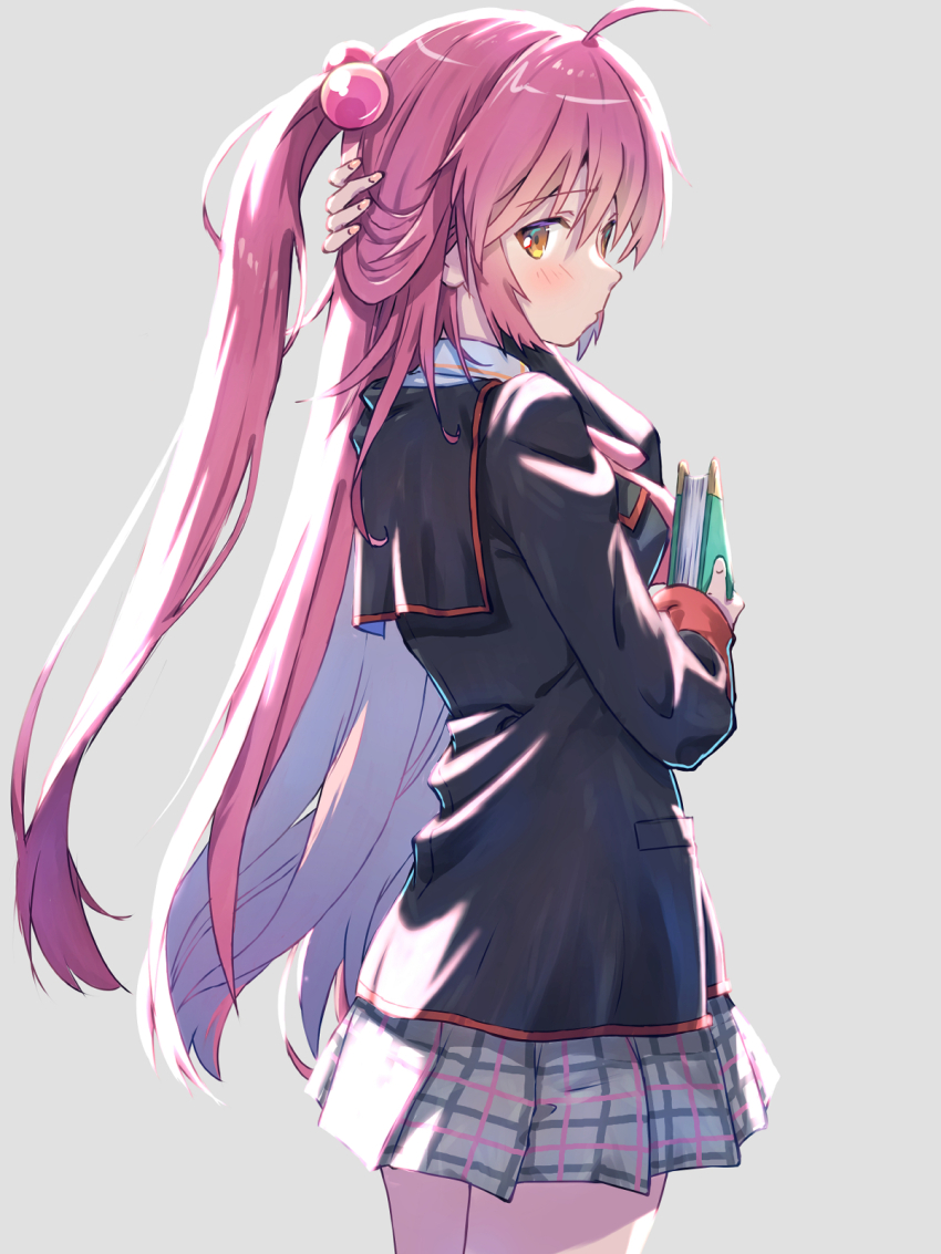 1girl ahoge akayama_yukihe backlighting black_jacket blush book commentary cowboy_shot from_behind futaki_kanata grey_background grey_skirt hair_between_eyes hair_bobbles hair_ornament half_updo hand_on_own_head hand_up highres holding holding_book jacket little_busters! little_busters!_school_uniform long_hair long_sleeves looking_at_viewer looking_back miniskirt parted_lips plaid_clothes plaid_skirt pleated_skirt ponytail profile purple_hair school_uniform simple_background skirt solo straight_hair very_long_hair yellow_eyes