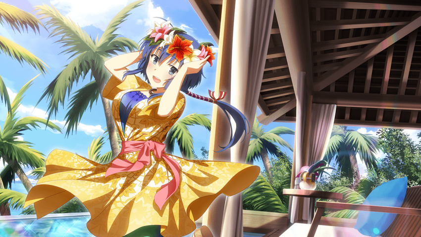 1girl :d bead_necklace beads bench blue_bra blue_eyes blue_hair blue_sky bra breasts cloud day dress floral_print flower game_cg hands_up head_wreath jewelry large_breasts long_hair looking_at_viewer necklace non-web_source official_art open_mouth palm_tree plant pool print_dress sash setouchi_chie short_sleeves sky smile solo toji_no_miko toji_no_miko:_kizamishi_issen_no_tomoshibi tree tropical underwear water yellow_dress