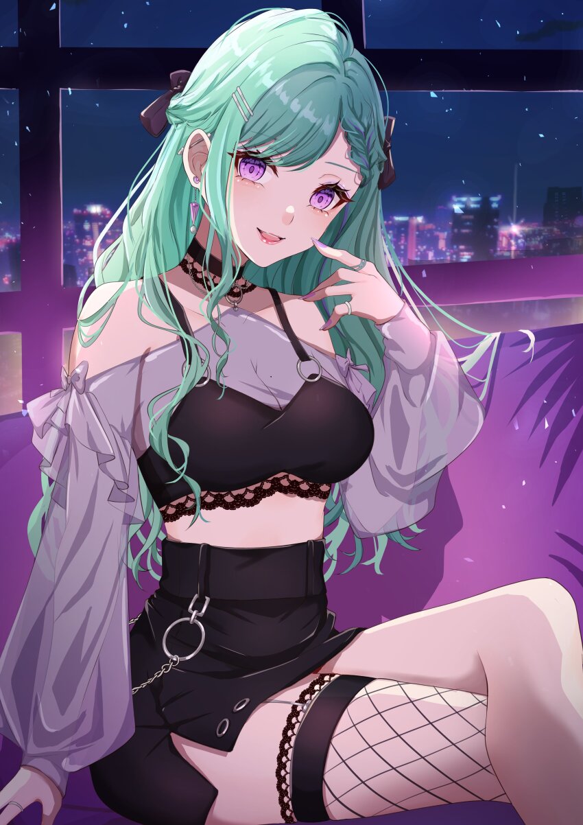 1girl absurdres alternate_costume black_skirt bow bra_over_clothes braid braided_bangs breasts choker city_lights cityscape cleavage commentary couch cropped_shirt crossed_legs finger_to_face fingernails fishnet_thighhighs fishnets green_hair hair_bow hair_ornament hairpin half_updo halterneck high-waist_skirt highres jewelry lace-trimmed_choker lace_trim large_breasts light_blush long_hair long_sleeves looking_at_viewer midriff miniskirt miya_(_32miya107) mole mole_on_breast night o-ring on_couch pencil_skirt purple_eyes purple_nails red_lips ring see-through_cleavage see-through_clothes see-through_shirt see-through_sleeves shirt side_slit single_thighhigh sitting skirt smile solo thighhighs virtual_youtuber vspo! yakumo_beni