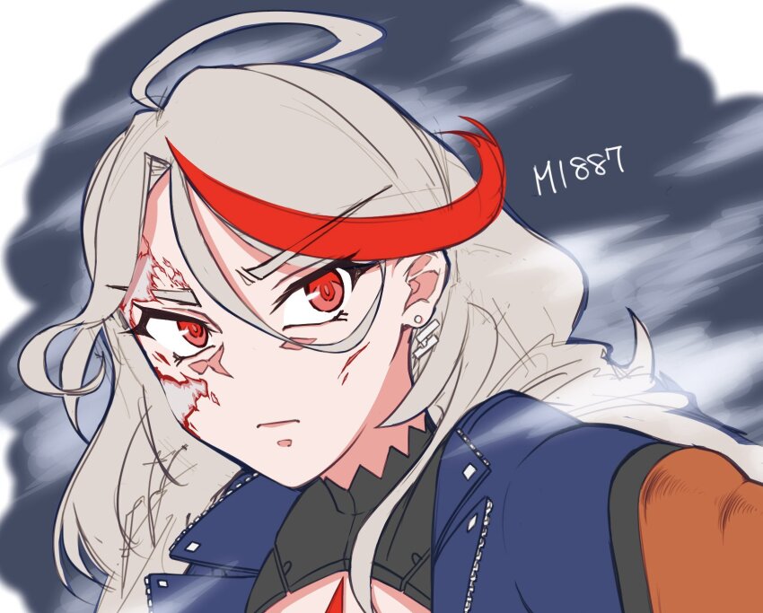 1girl ahoge android character_name close-up commentary_request damaged earrings girls&#039;_frontline grey_hair hair_between_eyes highres jacket jewelry kuroketto long_hair m1887_(girls&#039;_frontline) multicolored_hair red_eyes red_hair solo streaked_hair terminator_(series) terminator_2:_judgment_day