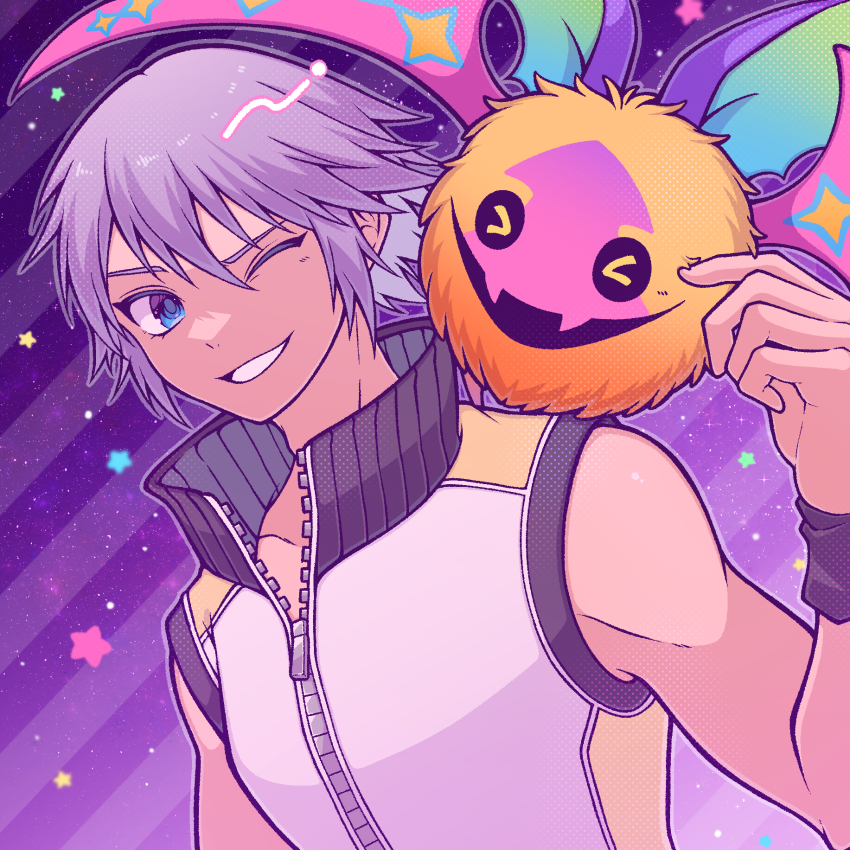 &gt;_&lt; 1boy blue_eyes diagonal-striped_background dream_eater_(kingdom_hearts) grin highres kingdom_hearts kingdom_hearts_3d:_dream_drop_distance koumori_bat male_focus one_eye_closed outline purple_background riku_(kingdom_hearts) short_hair sky sleeveless smile solo star_(sky) star_(symbol) striped_background turtleneck upper_body user_kenc3232 white_hair zipper zipper_pull_tab
