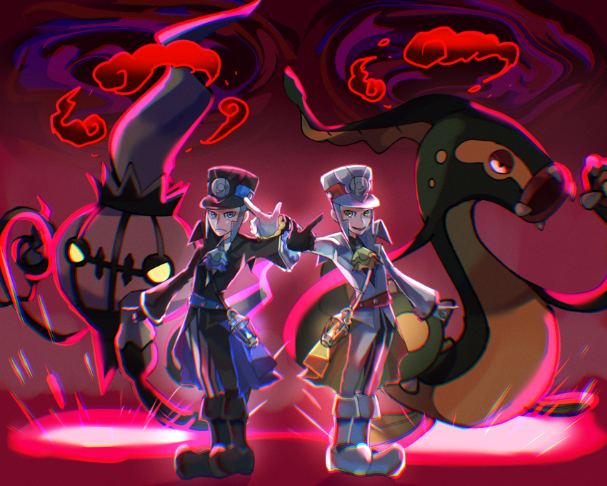 2boys 4ch1ak6oha absurdres ascot black_gloves black_hat blue_ascot brothers chandelier chandelure collared_shirt dynamax eel eelektross emmet_(pokemon) emmet_(sygna_suit)_(pokemon) fire fish gen_5_pokemon ghost gloves grey_eyes grey_hair hat highres ingo_(pokemon) ingo_(sygna_suit)_(pokemon) jacket lamprey male_focus mismatched_pants multiple_boys nintendo official_alternate_costume pokemon pokemon_(creature) pokemon_masters_ex purple_fire shirt short_hair siblings sideburns twins white_gloves white_hat white_jacket yellow_ascot
