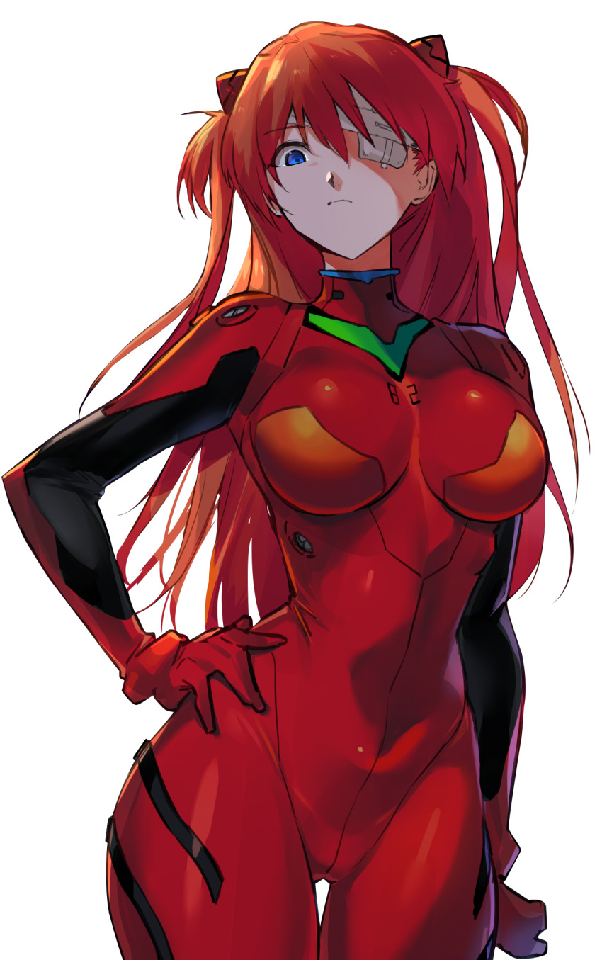 1girl bandage_over_one_eye bandages blue_eyes breasts closed_mouth curvy expressionless frown hand_on_own_hip highres long_hair looking_at_viewer mecha_pilot_suit medium_breasts negresco neon_genesis_evangelion orange_hair plugsuit_(evangelion) shiny_clothes solo source_request souryuu_asuka_langley standing transparent_background twintails