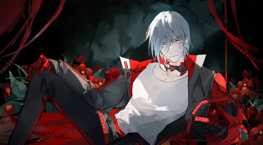 1boy black_pants closed_mouth collarbone collared_jacket commentary cyborg dot_nose facial_mark flower fulgur_ovid fulgur_ovid_(1st_costume) grey_hair hair_behind_ear hand_on_own_knee hashtag-only_commentary highres jacket leaf leaning leaning_back looking_at_viewer male_focus nijisanji nijisanji_en open_clothes open_jacket pants parted_bangs plant popped_collar red_flower shirt smile solo virtual_youtuber white_shirt yellow_eyes yingqian1010
