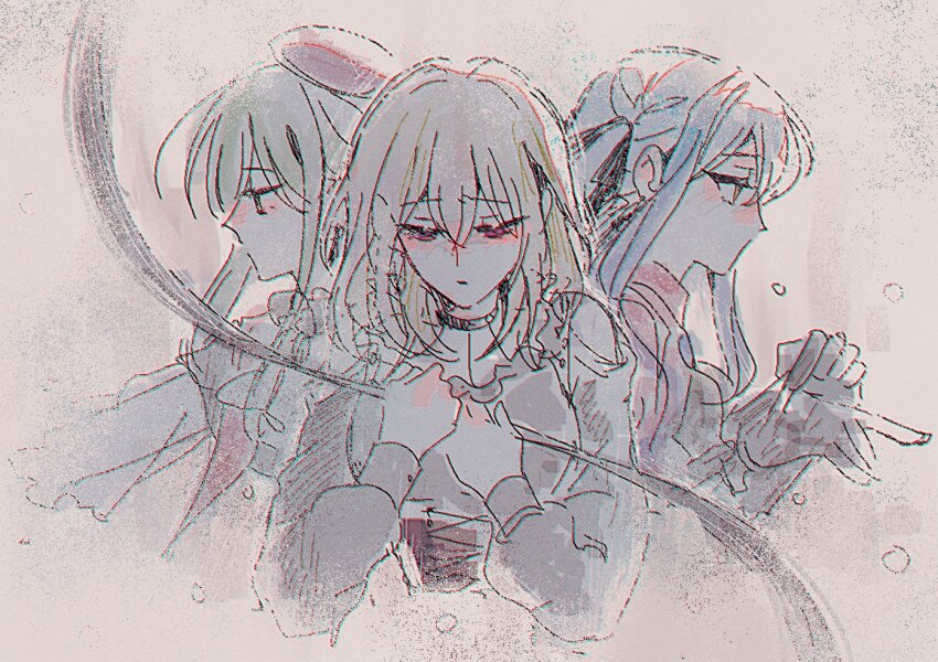 3girls bang_dream! bang_dream!_it&#039;s_mygo!!!!! beret black_gloves blonde_hair blue_hair blush brown_corset clothing_cutout corset doloris_(bang_dream!) gloves green_hair hat long_hair long_sleeves maybecrosswise medium_hair misumi_uika mortis_(bang_dream!) mortis_(costume)_(bang_dream!) multiple_girls oblivionis_(bang_dream!) purple_eyes red_hat see-through_clothes see-through_sleeves shoulder_cutout sidelocks togawa_sakiko wakaba_mutsumi yellow_eyes