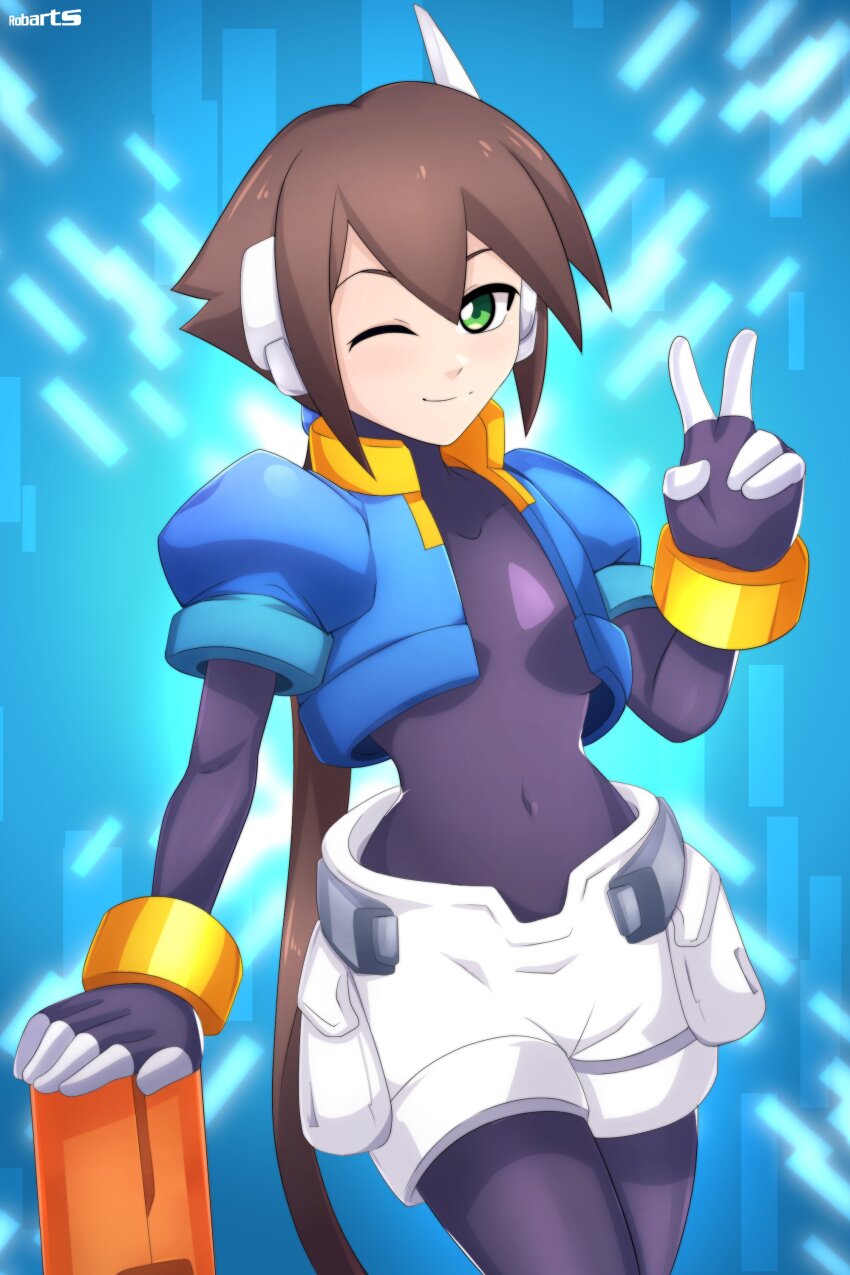 1girl absurdres aile_(mega_man_zx) axasempai black_bodysuit blue_jacket bodysuit bodysuit_under_clothes brown_hair cowboy_shot cropped_jacket green_eyes highres jacket long_hair mega_man_(series) mega_man_zx mega_man_zx_advent one_eye_closed open_clothes open_jacket ponytail robarts_hallway robot_ears shorts tagme v white_shorts wink