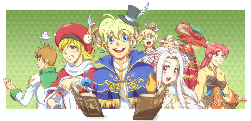 3boys 4girls amistr_(ragnarok_online) animal_skull black_hat blonde_hair blue_capelet blue_eyes brown_eyes brown_hair brown_shirt bun_with_braided_base capelet closed_mouth cloud_over_head coat cokeboy commentary creator_(ragnarok_online) double_bun dress english_commentary fur-trimmed_capelet fur_trim green_background hair_bun hanbok hat heterochromia high_priest_(ragnarok_online) high_wizard_(ragnarok_online) highres korean_clothes long_hair long_sleeves looking_afar looking_at_viewer mini_hat multiple_boys multiple_girls one_eye_closed open_mouth pink_hair pope_(ragnarok_online) purple_eyes purple_hair ragnarok_online red_dress red_eyes red_hat round_teeth sheep shirt short_hair skull_on_head smile soul_linker_(ragnarok_online) teeth two-tone_dress upper_body upper_teeth_only white_coat white_dress white_hair