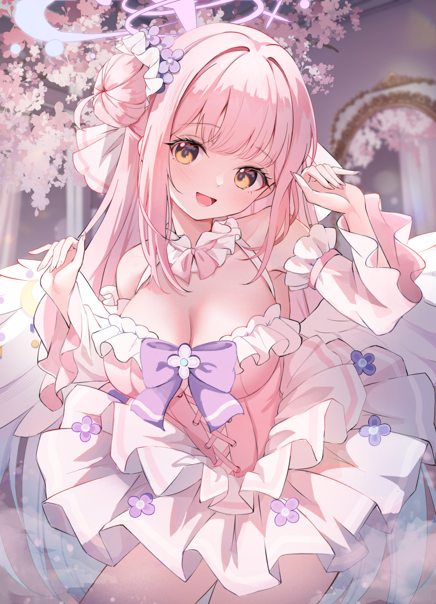 1girl :d absurdres alternate_costume bare_shoulders blue_archive blush bow breasts cherry_blossoms cleavage commentary_request detached_sleeves dress fingernails hair_bun halo head_tilt highres large_breasts long_hair long_sleeves looking_at_viewer mika_(blue_archive) open_mouth pink_dress pink_hair pink_halo pink_sleeves purple_bow smile solo tomo_(tomosa011326) very_long_hair yellow_eyes