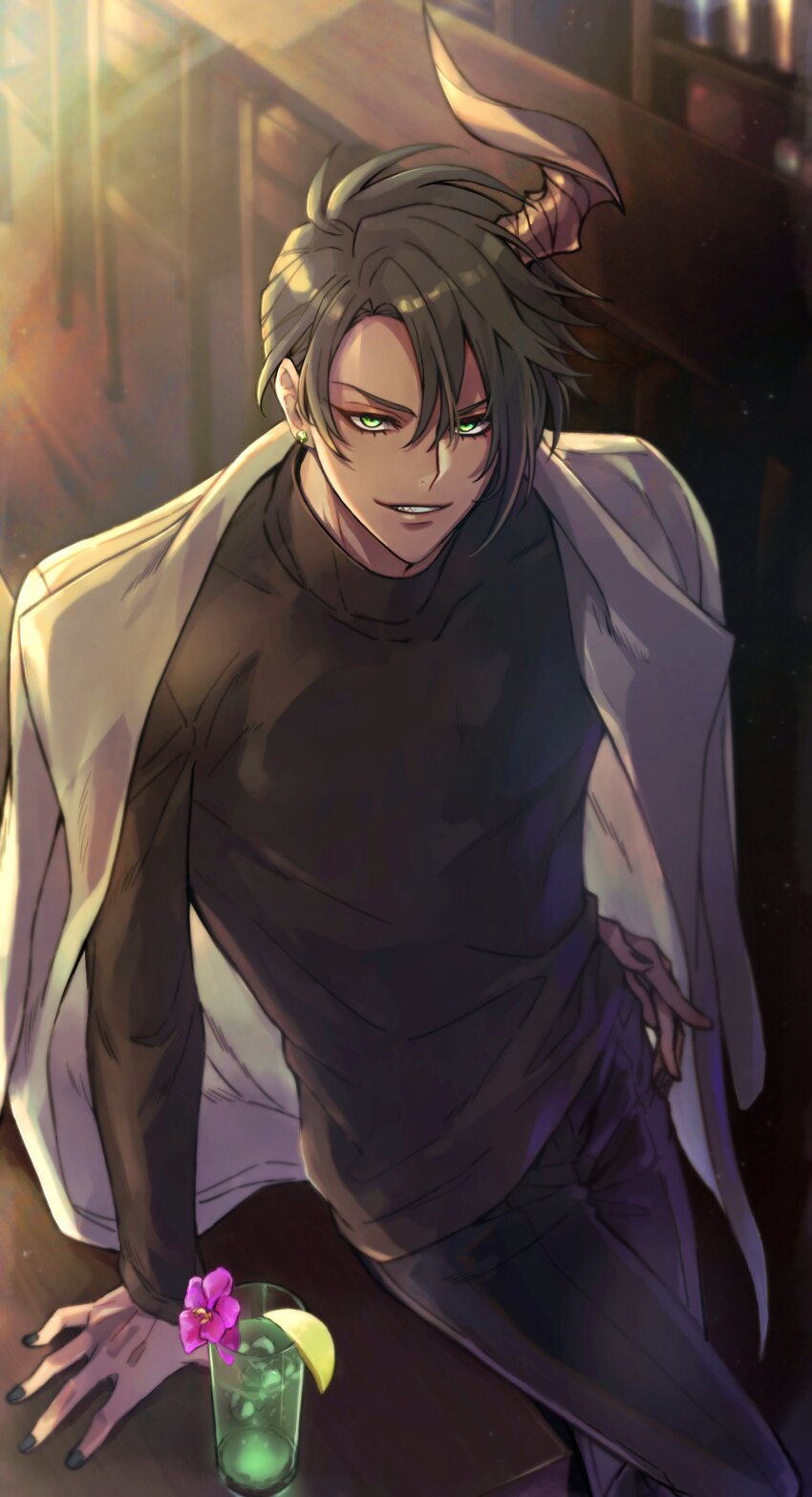 1boy absurdres aragami_oga black_hair black_nails black_pants black_shirt chair cm10th cocktail_flower counter cup dark-skinned_male dark_skin drink drinking_glass earrings feet_out_of_frame flower food fruit gem green_eyes green_gemstone grin hair_between_eyes hand_on_own_hip highres holostars horns jacket jacket_on_shoulders jewelry leaning_on_table lemon lemon_slice looking_at_viewer male_focus pants pink_flower sharp_teeth shirt short_hair single_horn smile solo standing stud_earrings table teeth turtleneck virtual_youtuber white_jacket wooden_table