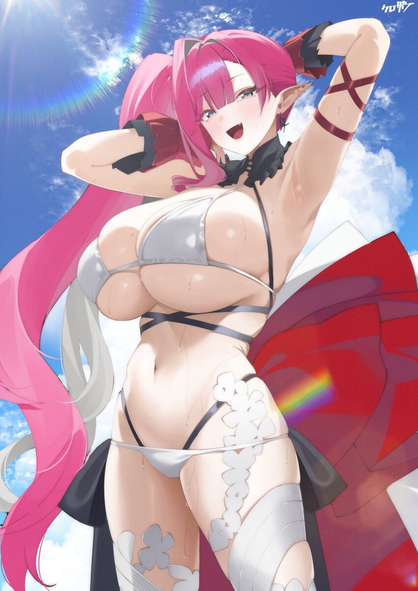 1girl absurdres armpits arms_behind_head arms_up artist_name baobhan_sith_(fate) baobhan_sith_(swimsuit_pretender)_(third_ascension)_(fate) bare_shoulders bikini blue_sky breasts cleavage detached_collar earrings fate/grand_order fate_(series) grey_eyes highres jewelry kurozawa_yui large_breasts long_hair looking_at_viewer navel open_mouth pink_hair pointy_ears side_ponytail sidelocks signature sky smile solo swimsuit thighhighs thighs white_bikini white_thighhighs