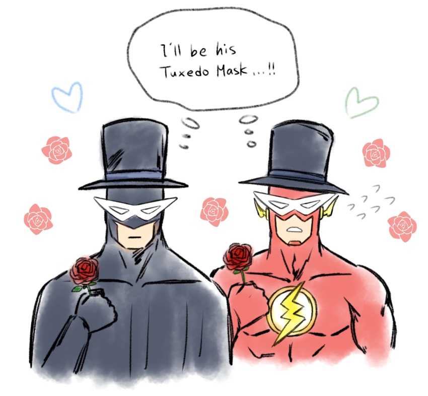 2boys barry_allen batman batman_(series) bishoujo_senshi_sailor_moon cosplay dc_comics flash_(series) flower hat highres justice_league multiple_boys rose superhero_costume the_flash tuxedo_kamen tuxedo_kamen_(cosplay)