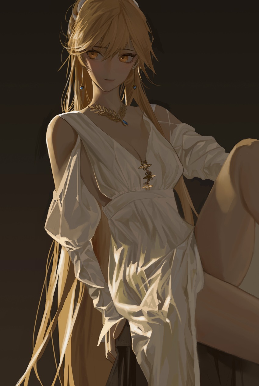 1girl absurdres aquamarine_(gemstone) arm_support backless_dress backless_outfit bare_legs blonde_hair breasts chinese_commentary cleavage clothing_cutout commentary dress earrings floating_earring girls&#039;_frontline hair_between_eyes heart heart_earrings highres jewelry jidian967 leaf_necklace leg_up light_blush long_sleeves looking_to_the_side low-cut medium_breasts official_alternate_costume ots-14_(destined_love)_(girls&#039;_frontline) ots-14_(girls&#039;_frontline) puffy_long_sleeves puffy_sleeves shoulder_cutout sideboob sitting solo thighs white_dress yellow_eyes