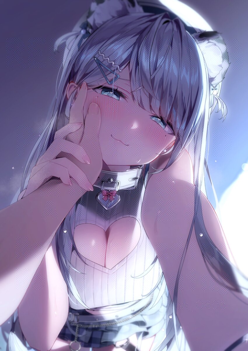 1boy 1girl :3 animal_ears black_skirt blue_eyes blush breasts cleavage cleavage_cutout clothing_cutout collar commission hair_ornament hairclip hand_on_another&#039;s_cheek hand_on_another&#039;s_face heart_cutout hetero highres indie_virtual_youtuber large_breasts long_hair looking_at_viewer mole mole_under_eye nen_0405 pleated_skirt ren_kohaku_(vtuber) ribbed_sweater skeb_commission skirt sleeveless sleeveless_sweater snow_leopard_ears snow_leopard_girl sweat sweater virtual_youtuber