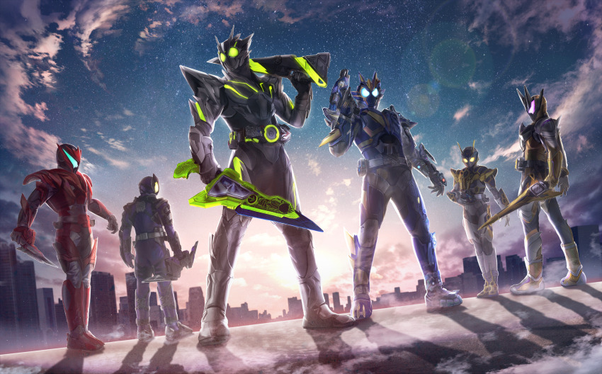 1girl 5boys antennae armor armored_boots armored_gloves asymmetrical_armor attache_arrow attache_calibur black_bodysuit blue_eyes body_armor bodysuit boots bow_(weapon) bug burning_falcon cityscape cloud commentary_request compound_eyes dual_wielding everyone facing_to_the_side fire foreshortening glowing glowing_eyes grasshopper green_eyes gun helmet highres holding holding_detached_head holding_gun holding_weapon insect kamen_rider kamen_rider_01_(series) kamen_rider_horobi kamen_rider_jin kamen_rider_rampage_vulcan kamen_rider_thouser kamen_rider_valkyrie kamen_rider_vulcan kamen_rider_zero-one lance lightning_hornet looking_at_viewer masukudo_(hamamoto_hikaru) metalcluster_hopper multiple_boys neon_trim ocean open_hand over_shoulder polearm progrise_hopper_blade purple_bodysuit red_armor rider_belt shot_riser sky sting_scorpion sunlight sword thighs thousand_jacker thousandriver tokusatsu weapon weapon_over_shoulder white_background wings yellow_eyes zaia_slashdriver zero_one_driver