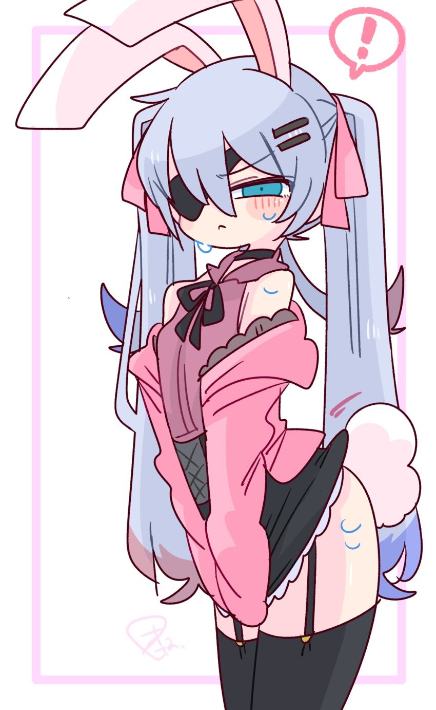 ! 1boy animal_ears blue_eyes blush bulge closed_mouth crossdressing dress eyepatch frilled_dress frills highres jacket long_hair male_focus narrowed_eyes op_na_yarou open_clothes open_jacket original rabbit_boy rabbit_ears rabbit_tail solo sweat tail thighhighs trap twintails white_background white_hair