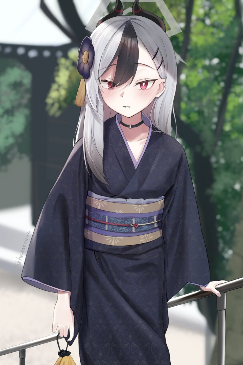 1girl =_hair_ornament arm_at_side black_choker black_flower black_hair black_horns black_kimono blue_archive blurry blurry_background blush bright_pupils choker collarbone commentary_request cowboy_shot day demon_girl demon_horns earclip flower gradient_hair grey_halo hair_between_eyes hair_flower hair_ornament hairclip halo hexaroque highres horns japanese_clothes kanzashi kayoko_(blue_archive) kayoko_(new_year)_(blue_archive) kimono long_hair long_sleeves looking_at_viewer multicolored_hair obi official_alternate_costume official_alternate_hairstyle outdoors parted_lips red_eyes sash smile solo straight_hair tassel tassel_hair_ornament tsurime twitter_username two-tone_hair white_hair white_pupils wide_sleeves