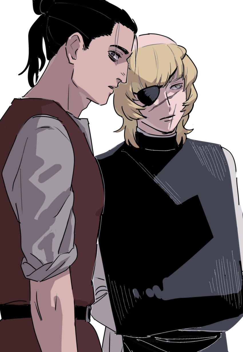 2boys aquiline_nose badeni belt black_belt black_eyes black_hair blonde_hair chi.:_chikyuu_no_undou_ni_tsuite eyepatch facial_scar grey_eyes hair_bun hair_pulled_back hands_in_pockets highres multiple_boys nose oczy ponytail red_vest scapular scar scar_on_cheek scar_on_face scar_on_mouth scar_on_nose simple_background sleeves_rolled_up standing tonsure vest white_background wolf_cut