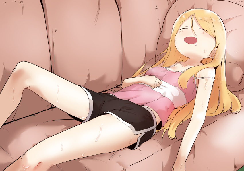 1girl absurdres bad_id bad_pixiv_id blonde_hair blush bural_chingu couch drooling female_focus full_body hair_between_eyes highres lee_ji-min long_hair on_couch open_mouth saliva shorts sleeping smile solo strap_slip sweat tank_top wweed