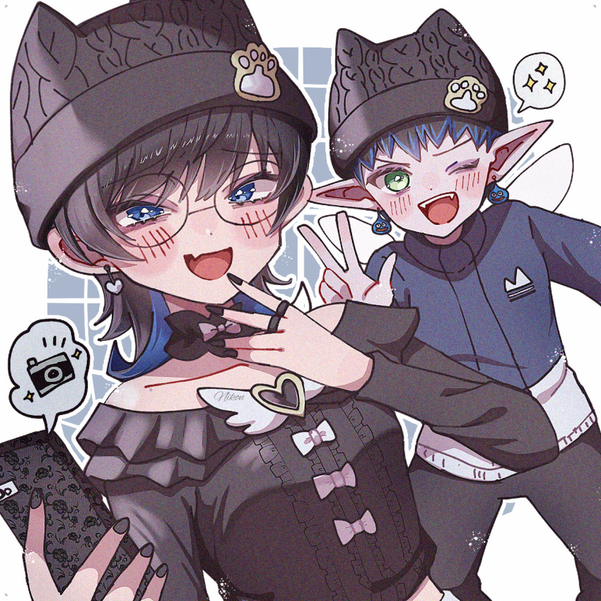 1boy 1girl alternate_costume alternate_eye_color alternate_hair_color alternate_hairstyle androgynous animal_ears beanie black_hair black_hat black_nails black_pants blue_eyes blue_jacket blue_streaks bow breasts bright_pupils camera cat_ears cellphone character_request check_character colored_skin commentary_request cropped_shirt detached_collar dragon_quest dragon_quest_x earrings elf_(dq10) fairy_wings fake_animal_ears fang fangs green_eyes hat heart heart_earrings heroine_(dq10) highres holding holding_phone jacket jewelry long_sleeves looking_at_viewer medium_hair nikon_(user_aznh7528) one_eye_closed open_mouth pants paw_print phone pointy_ears ring short_hair skin_fang slime_(dragon_quest) small_breasts spoken_sparkle v white_bow white_jacket white_pupils windbreaker wings