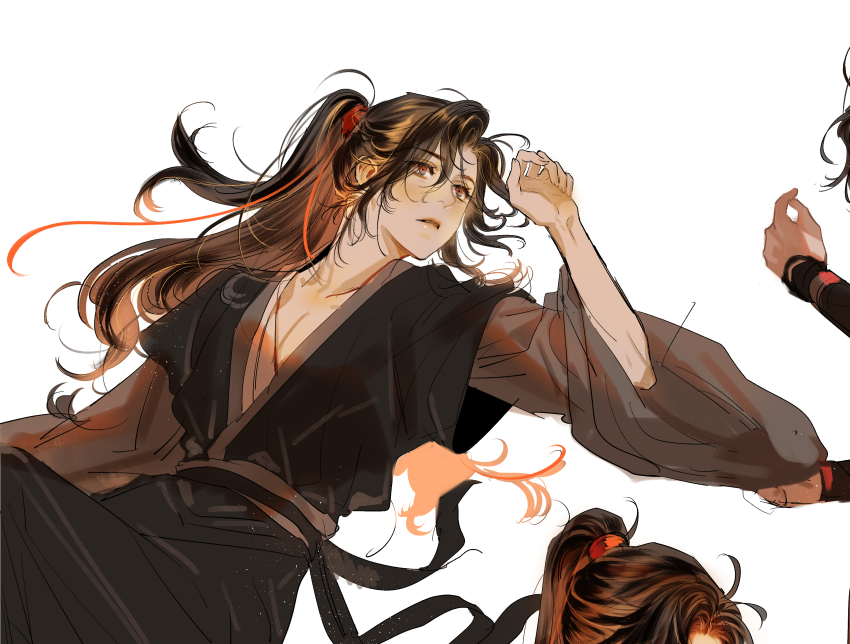 1boy absurdres ahoge black_hair black_hanfu brown_eyes brown_hair chinese_clothes collarbone hair_ribbon hand_up hanfu highres knee_up korean_commentary long_hair long_sleeves looking_to_the_side lying male_focus modao_zushi multiple_views niken_(niken_ouo) on_back out_of_frame parted_lips pectoral_cleavage pectorals ponytail red_pupils red_ribbon ribbon robe sash sidelocks simple_background solo wei_wuxian white_background wide_sleeves