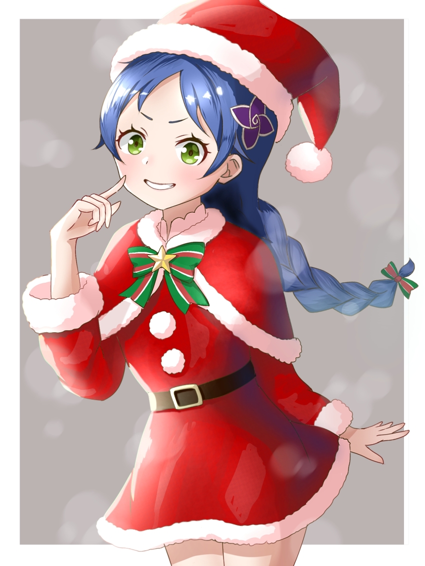 1girl blue_hair braid braided_ponytail christmas cowboy_shot finger_to_cheek flower green_eyes hair_flower hair_ornament hat highres long_hair looking_at_viewer low-tied_long_hair meili_portroute parted_bangs re:zero_kara_hajimeru_isekai_seikatsu santa_costume santa_hat solo standing user_gmts2384 v-shaped_eyebrows