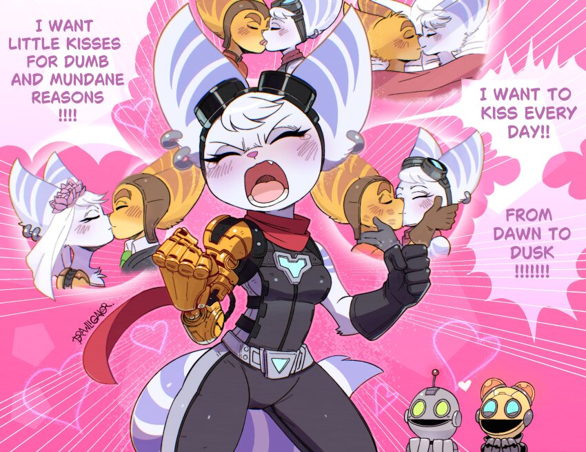 1boy 1girl animal_ears animal_nose black_boots blue_eyes blue_fur blush body_fur boots breasts bridal_veil bride brown_fur brown_gloves clank clenched_hands closed_eyes closed_mouth crying drawligator dress earrings english_text french_kiss furry furry_female furry_male gloves goggles goggles_on_head hammer hand_on_own_cheek hand_on_own_face happy heart hetero highres hoop_earrings jewelry kiss kit_(ratchet_&amp;_clank) lombax mechanical_arms multicolored_fur multiple_views open_mouth orange_fur pillow ratchet_&amp;_clank:_rift_apart ratchet_(ratchet_&amp;_clank) red_scarf rivet_(ratchet_&amp;_clank) scarf single_mechanical_arm smile speech_bubble striped_fur tail tail_wagging thought_bubble under_covers veil wedding_dress