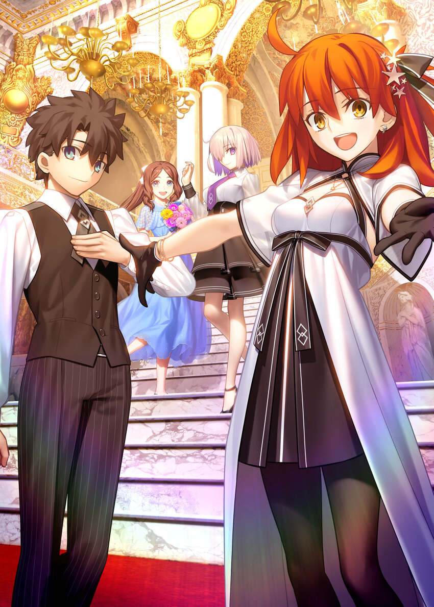 1boy 3girls absurdres black_gloves black_hair black_pantyhose blue_dress blue_eyes bouquet breasts brown_hair chandelier collared_shirt dress fate/grand_order fate_(series) flower formal_clothes fujimaru_ritsuka_(female) fujimaru_ritsuka_(male) gloves hair_ornament hair_ribbon highres holding holding_bouquet indoors jewelry key_visual leonardo_da_vinci_(fate) leonardo_da_vinci_(fate/grand_order) leonardo_da_vinci_(rider)_(fate) long_hair long_sleeves looking_at_viewer mash_kyrielight medium_hair multiple_girls necklace necktie official_art open_mouth orange_eyes orange_hair pantyhose pink_hair ponytail promotional_art purple_eyes ribbon shirt shoes short_hair shrug_(clothing) skirt smile stairs star_(symbol) star_hair_ornament suit takeuchi_takashi vest