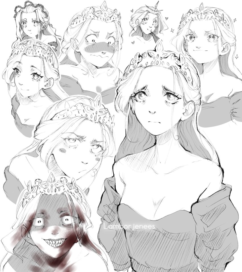 artist_name bare_shoulders blood blood_in_hair blood_on_cheek blood_on_chest blood_on_face blush breasts cleavage closed_mouth collarbone evil_grin evil_smile grin highres lamborjenees looking_at_viewer loving_aura monochrome multiple_views open_mouth princess_(slay_the_princess) sharp_teeth sketch slay_the_princess smile sparkle sparkling_aura spot_color teeth the_razor_(slay_the_princess) the_thorn_(slay_the_princess) thorns tiara white_background