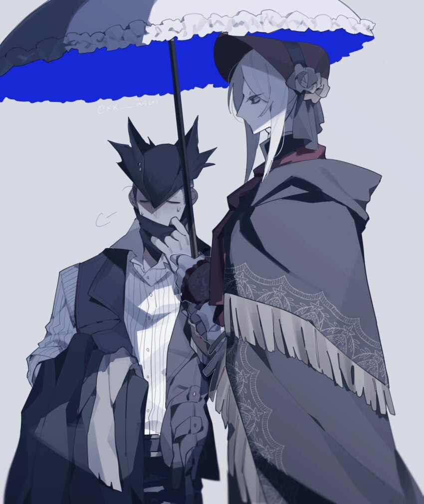 1boy 1girl ascot black_cloak black_coat black_hat black_vest blonde_hair bloodborne blue_eyes bonnet cloak clothes_pull coat collared_shirt commentary flower gold_trim hair_intakes hat hat_flower high_collar highres holding holding_unworn_clothes holding_coat holding_umbrella holding_unworn_clothes hood hood_down hooded_cloak hunter_(bloodborne) jewelry lace-trimmed_umbrella mask mouth_mask plain_doll puff_of_air pulling_own_clothes red_ascot ring shirt simple_background striped_clothes striped_shirt twitter_username umbrella unworn_clothes unworn_coat vertical-striped_clothes vertical-striped_shirt vest white_background white_shirt xx_asui