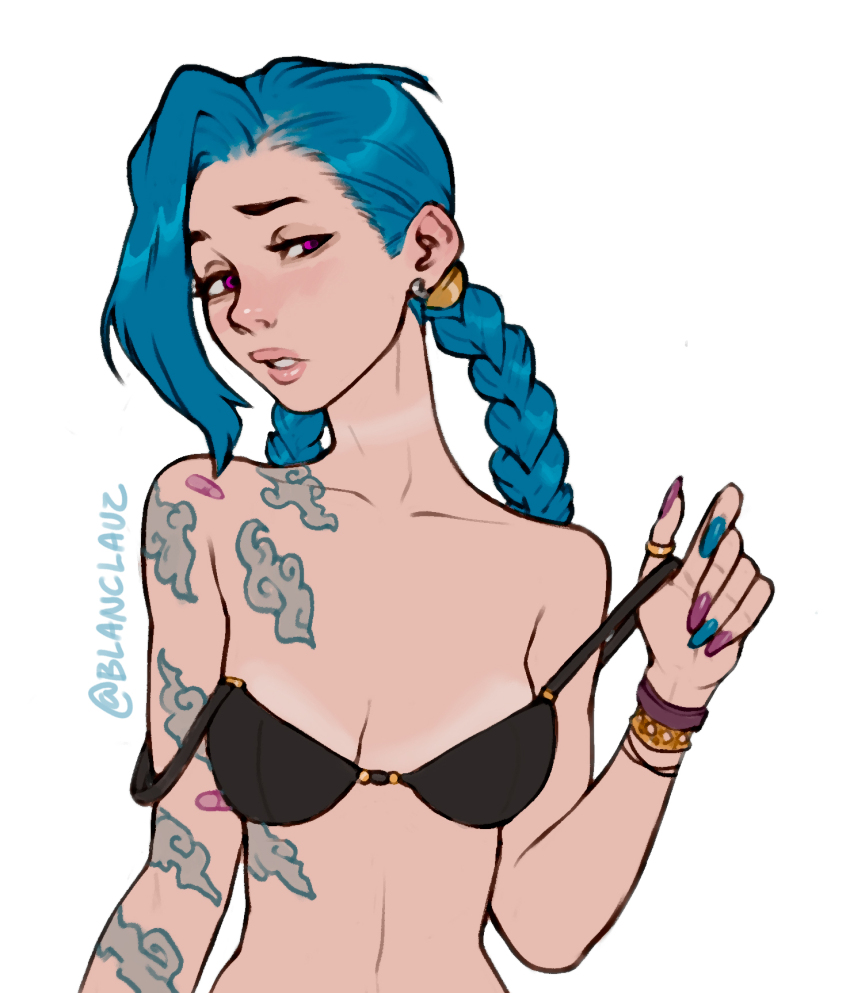 1girl arcane:_league_of_legends arcane_jinx arm_tattoo bare_shoulders bikini_tan black_bra blanclauz blue_hair blue_nails bra bracelet braid breasts cloud_tattoo commentary earrings english_commentary fingernails half-closed_eyes head_tilt highres jewelry jinx_(league_of_legends) league_of_legends linea_alba lips long_fingernails long_hair low_twin_braids mismatched_eyebrows multicolored_nails nose out-of-frame_censoring purple_eyes purple_nails shoulder_tattoo small_breasts solo strap_slip tan tanline tattoo thick_eyebrows thumb_ring twin_braids underwear undressing white_background
