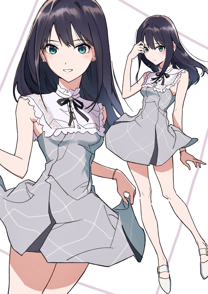 1girl absurdres arm_up black_hair bloom_into_me15 breasts closed_mouth dress green_eyes grey_dress grin highres idolmaster idolmaster_cinderella_girls long_hair looking_at_viewer multiple_views shibuya_rin simple_background skirt_hold sleeveless sleeveless_dress smile standing white_background