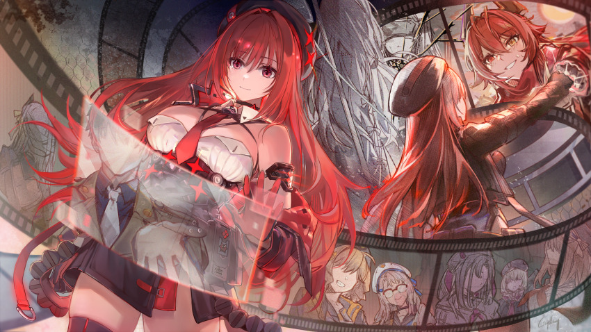 2girls anis_(nikke) beret black_hat black_jacket black_skirt breasts commentary csyday detached_collar english_commentary film_reel goddess_of_victory:_nikke grin hat high-waist_skirt highres jacket large_breasts long_hair multiple_girls necktie neon_(nikke) off_shoulder rapi_(mass_produced)_(nikke) rapi_(nikke) red_eyes red_hair red_hood_(nikke) red_necktie skindentation skirt smile solo_focus