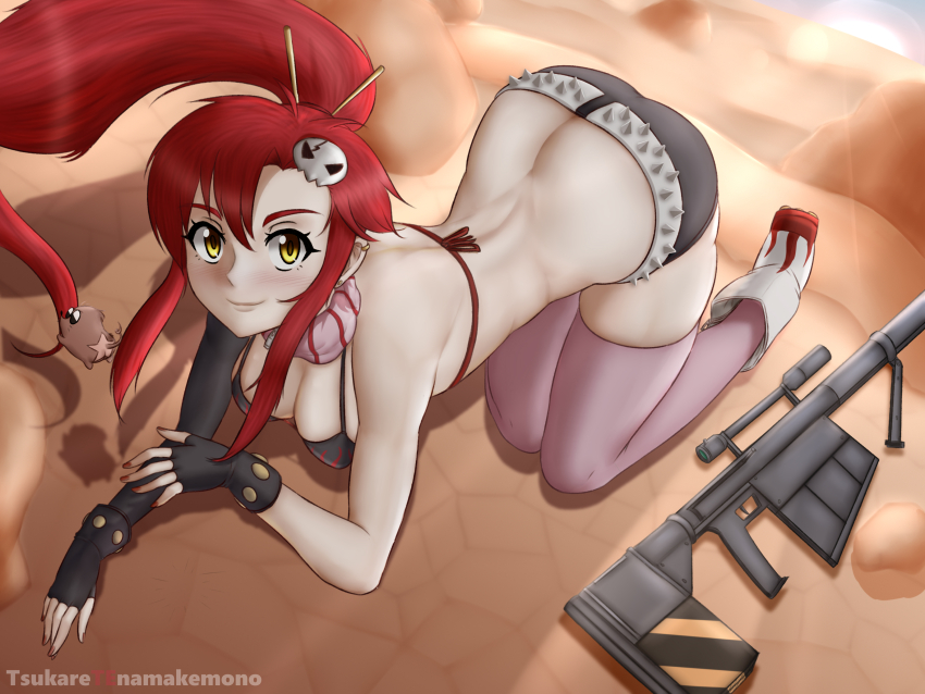 1girl absurdres all_fours anti-materiel_rifle ass asymmetrical_gloves belt bikini bikini_top_only black_gloves black_shorts boota_(ttgl) boots breasts butt_crack cleavage closed_mouth desert ear_piercing earrings elbow_gloves fingerless_gloves flame_print floating_hair full_body gloves gun hair_ornament high_ponytail highres jewelry large_breasts long_hair looking_at_viewer mixed-language_commentary outdoors piercing pink_thighhighs ponytail red_hair red_nails rifle sand scarf short_shorts shorts sidelocks single_elbow_glove skull_hair_ornament smile sniper_rifle spiked_belt swimsuit tengen_toppa_gurren_lagann thighhighs tsukare_(ttsukae) uneven_gloves very_long_hair weapon white_belt yellow_eyes yoko_littner