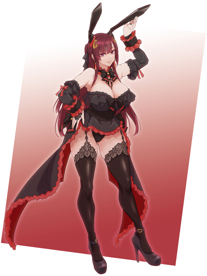 1girl absurdres adapted_costume animal_ears ankle_strap arm_up assault_lily bare_shoulders black_bow black_bowtie black_bridal_gauntlets black_footwear black_leotard black_ribbon black_thighhighs bow bowtie braid breasts bridal_gauntlets cleavage closed_mouth collar commentary_request dated_commentary detached_sleeves fake_animal_ears french_braid frilled_collar frilled_leotard frilled_sleeves frills full_body garter_straps gluteal_fold gozen_(assault_lily) gradient_background hair_between_eyes hair_bow hair_ornament half_updo hand_on_own_ear hand_on_own_hip high_heels highres large_breasts leotard long_hair long_sleeves looking_at_viewer mabuta_kayumi mole mole_under_eye neck_ribbon pink_eyes rabbit_ears red_background red_collar red_hair ribbon smile solo standing strapless strapless_leotard strappy_heels thighhighs underbust very_long_hair waist_cape white_background